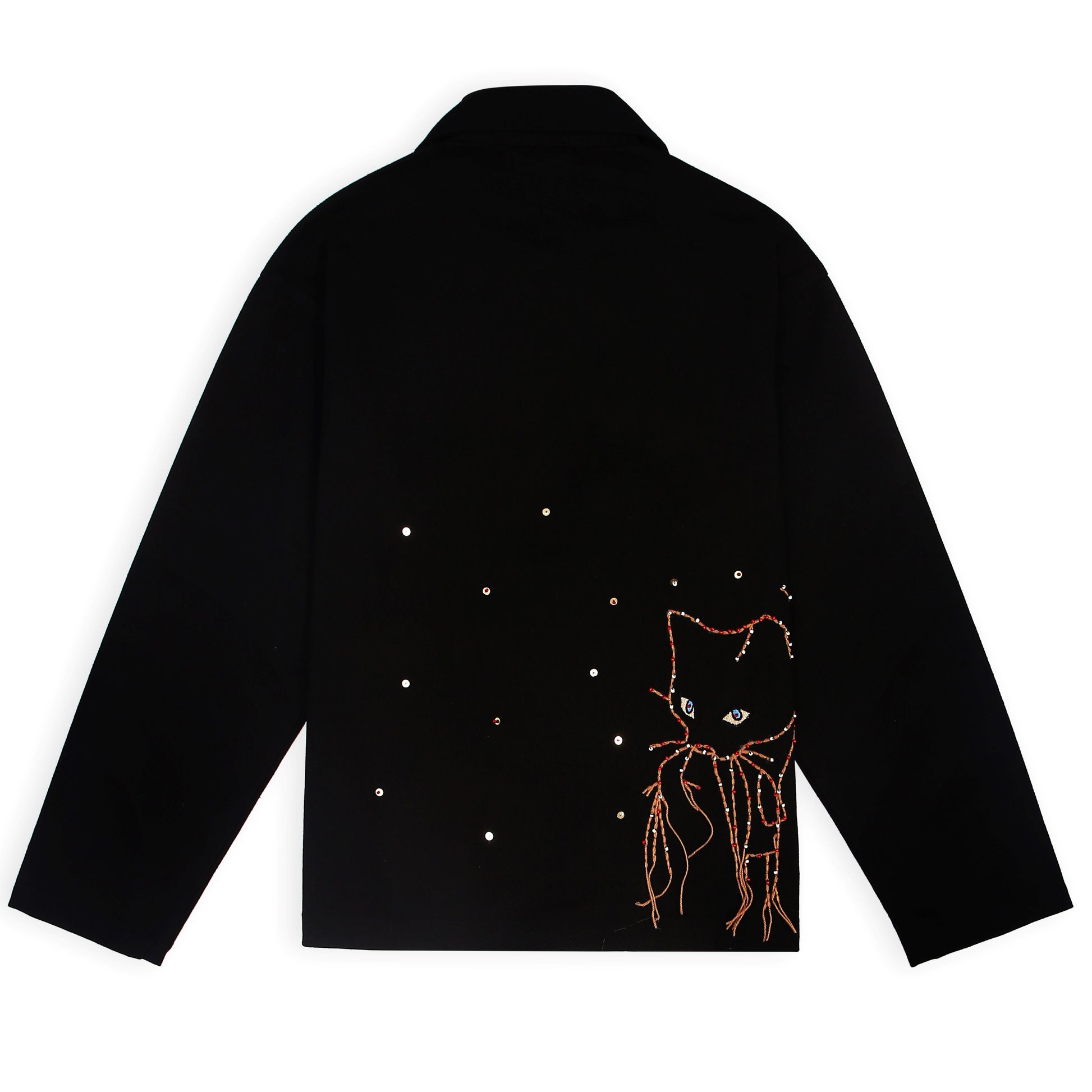 This black Luna unisex denim jacket is embroidered with wool.