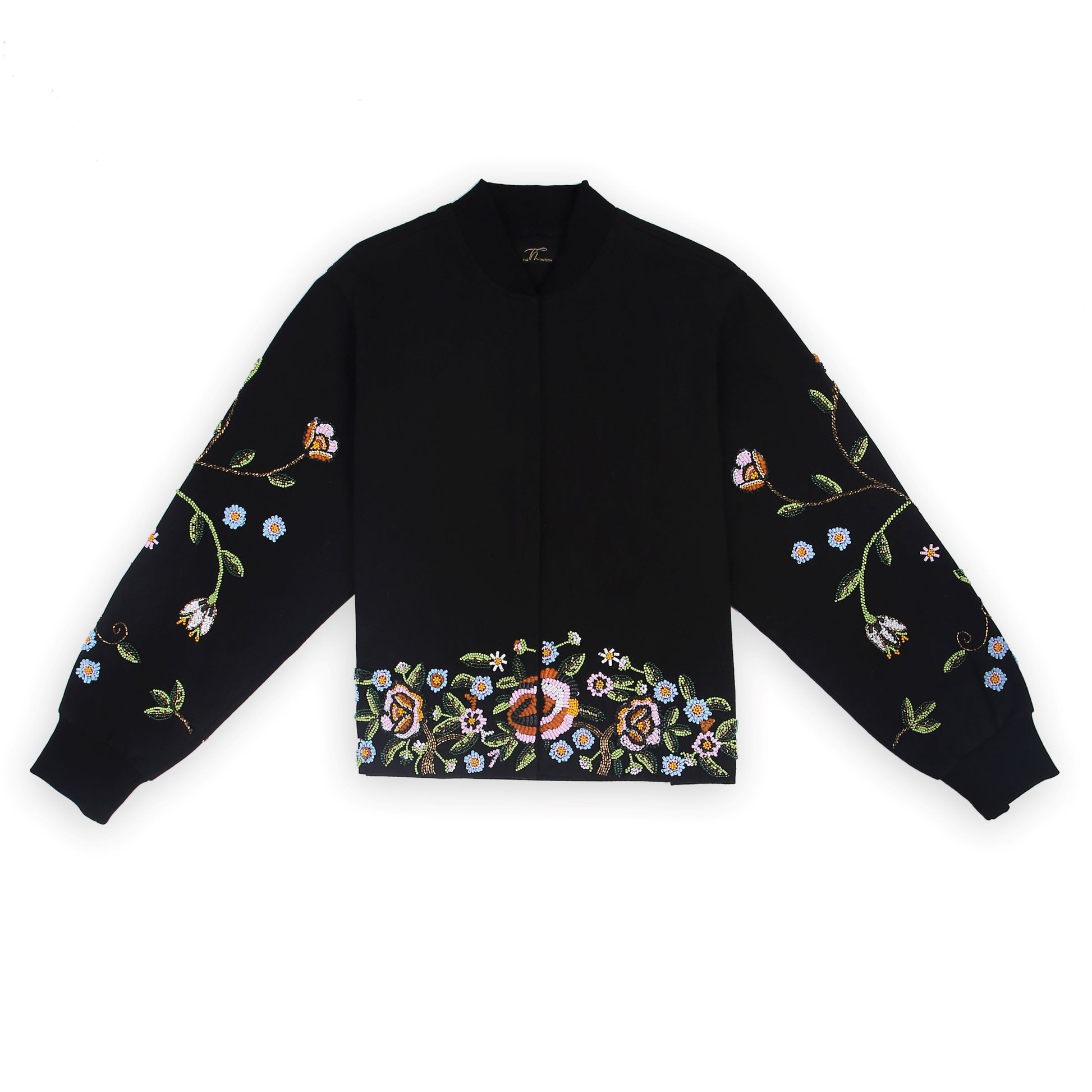 Front view of the beaded Charlie Denim Unisex Jacket Some examples of alt text are “Black 
denim jacket (unisex) has beaded embellishments on sleeves” and “Charlie denim jacket in black 
with intricate bead detailing.”