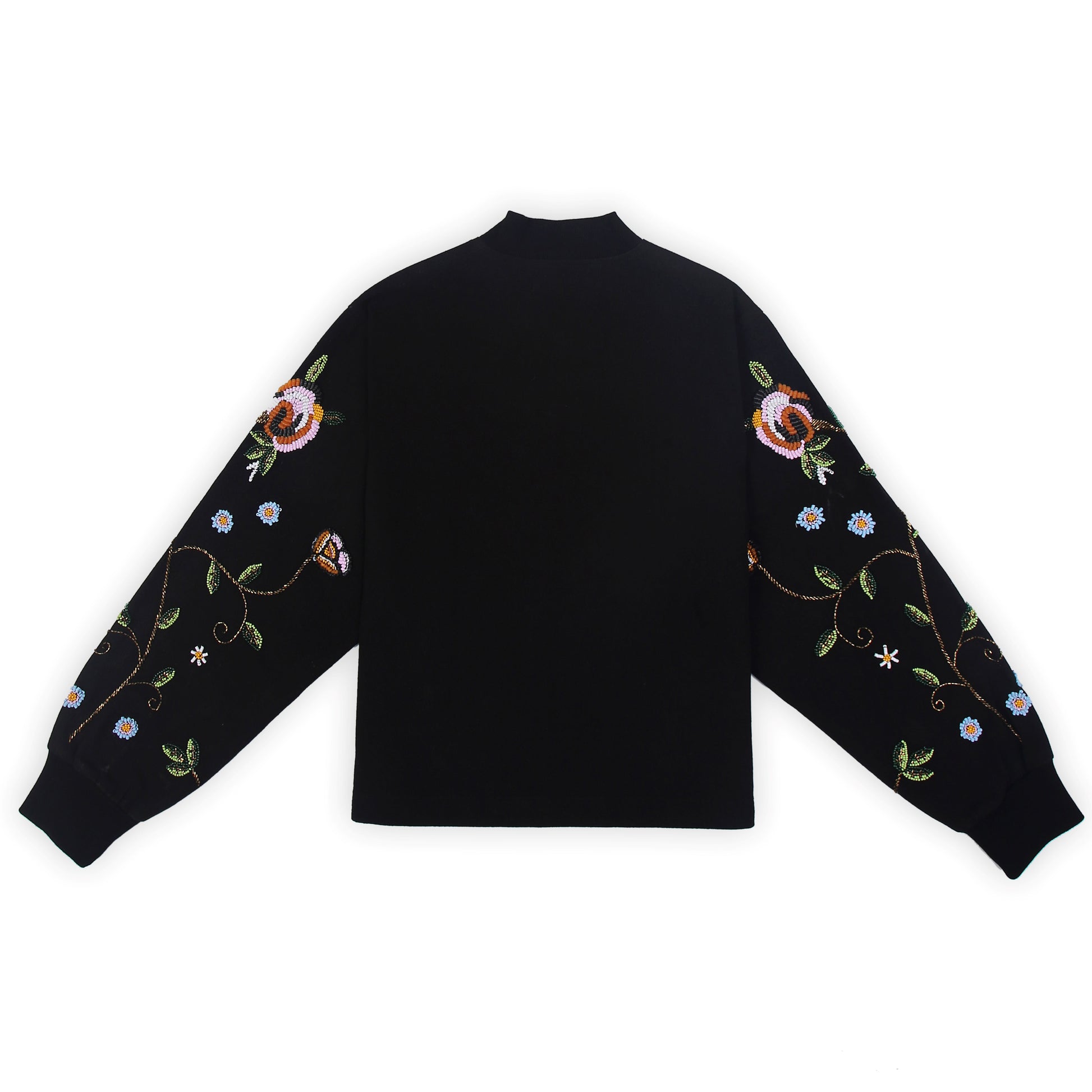 Front view of the beaded Charlie Denim Unisex Jacket Some examples of alt text are “Black 
denim jacket (unisex) has beaded embellishments on sleeves” and “Charlie denim jacket in black 
with intricate bead detailing.”