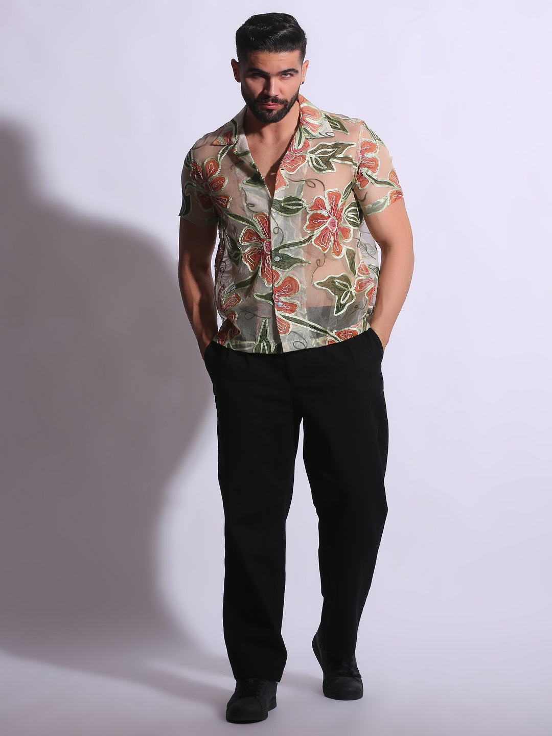 SHEER FLORAL EMBROIDERED SHIRT