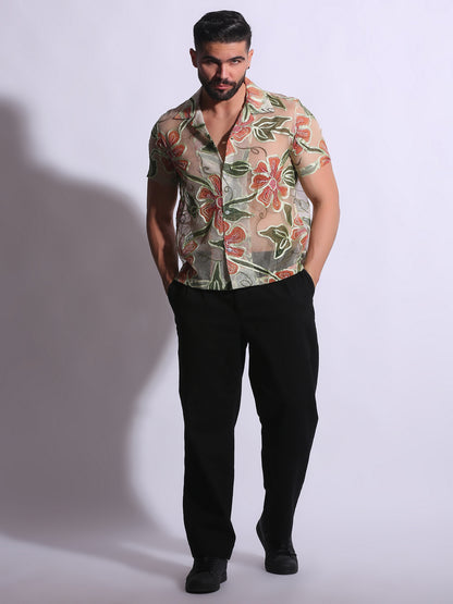 SHEER FLORAL EMBROIDERED SHIRT