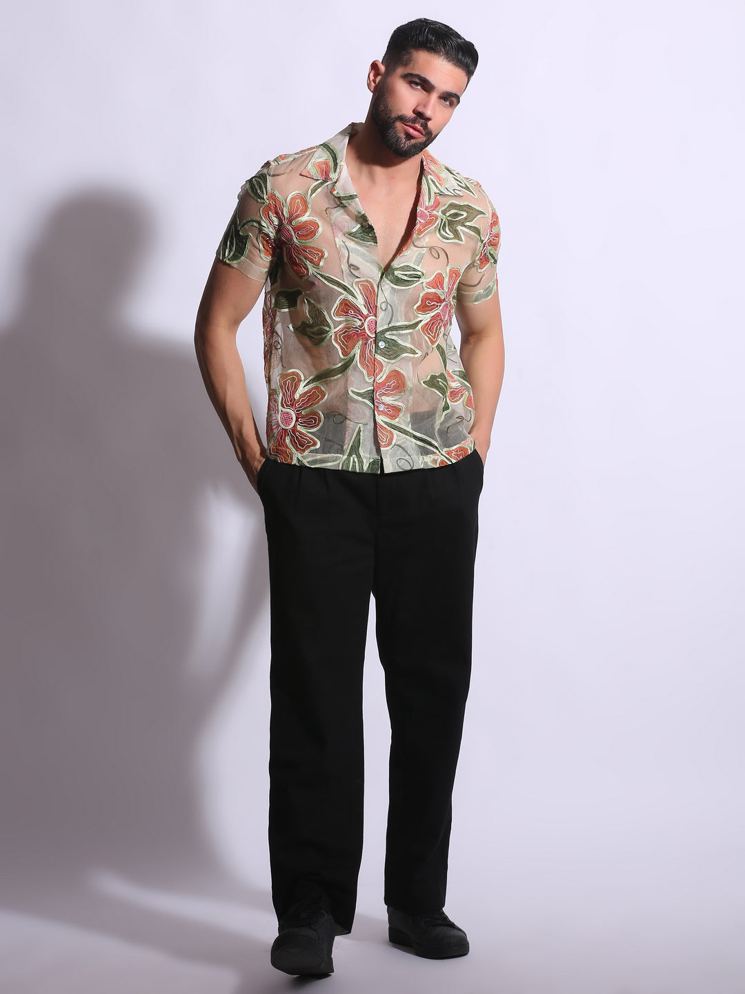 SHEER FLORAL EMBROIDERED SHIRT