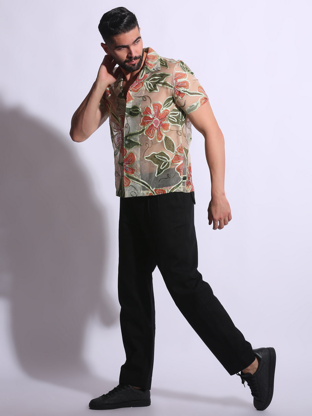 SHEER FLORAL EMBROIDERED SHIRT