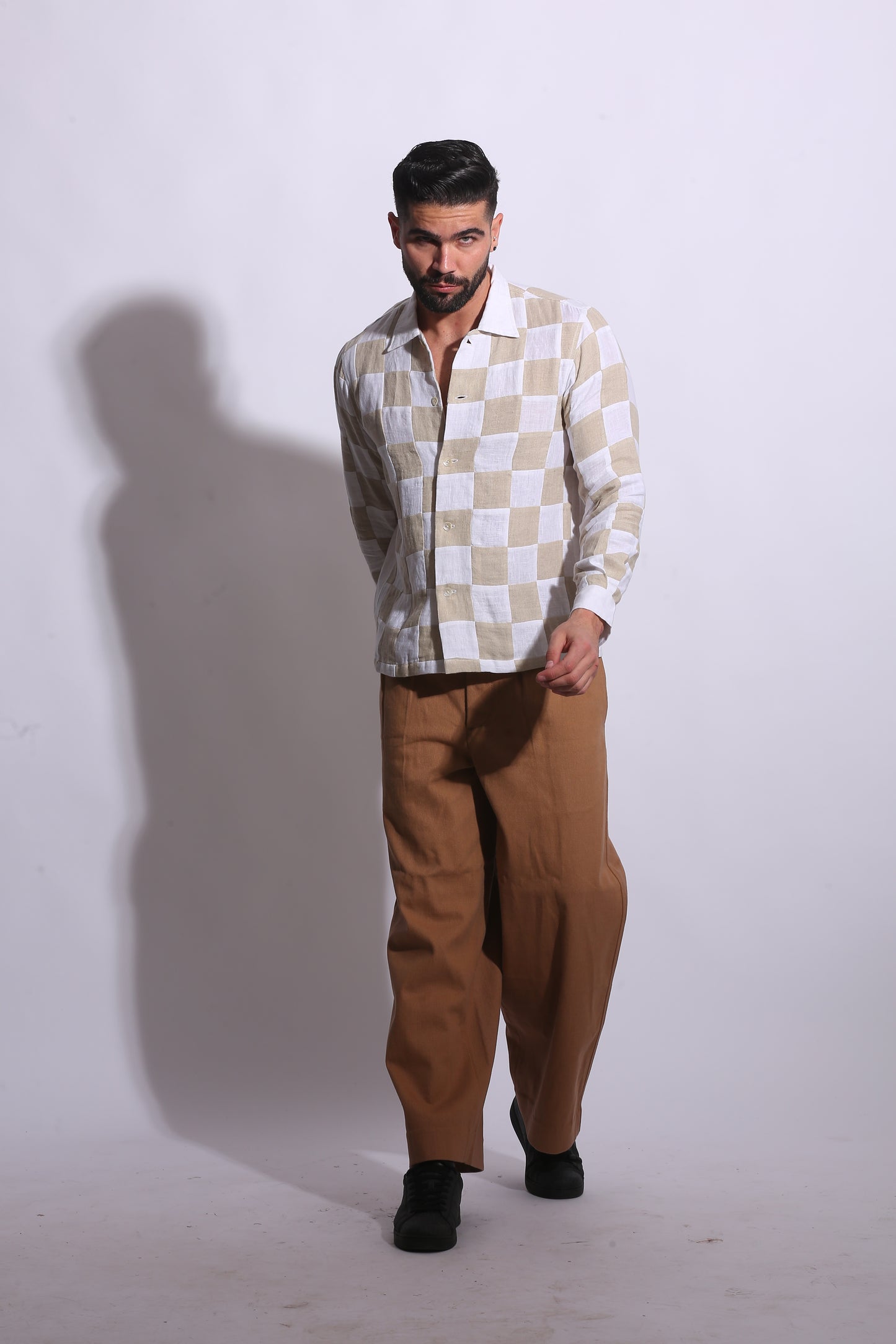 CHECKERBOARD PATCHWORK LINEN SHIRT