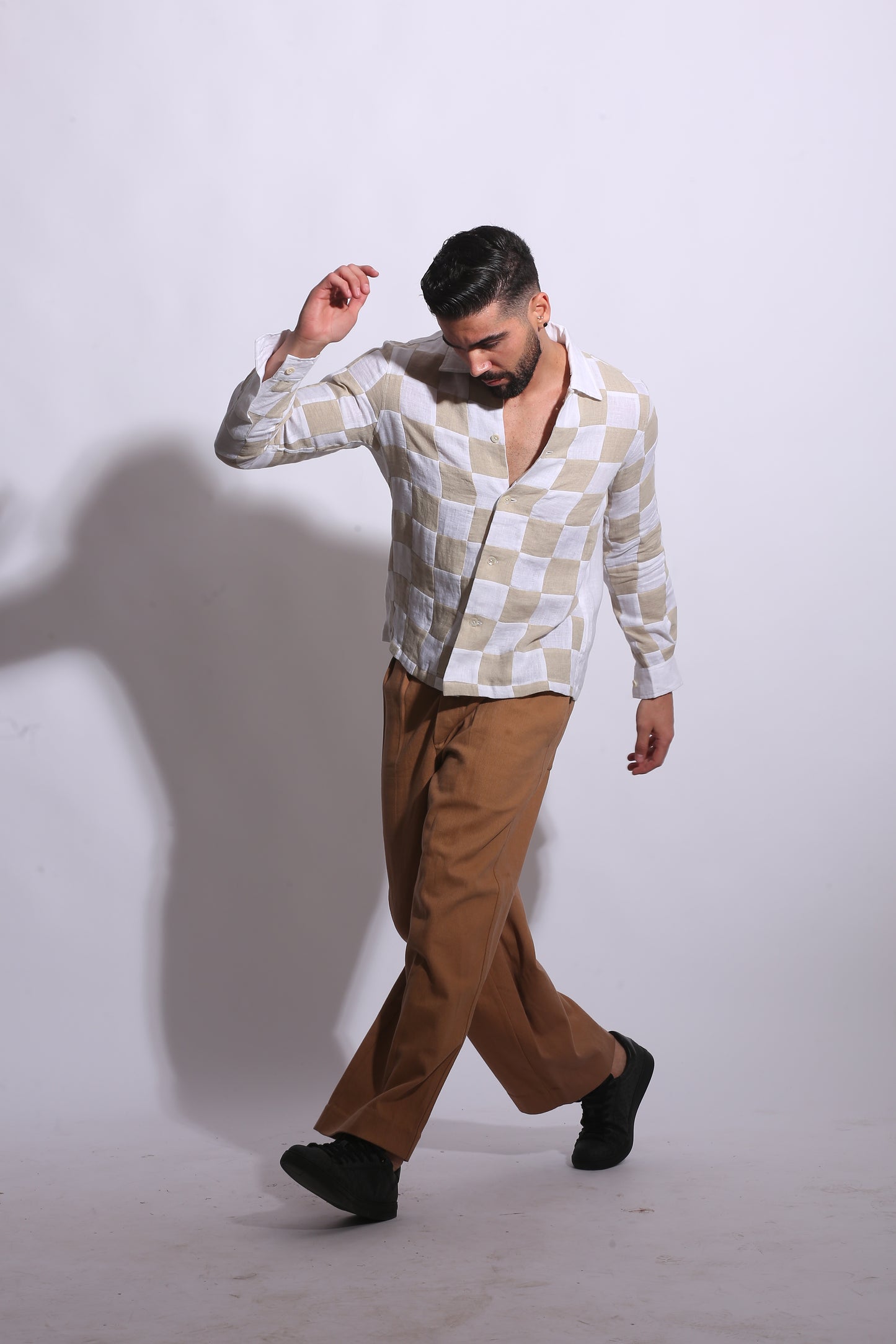 CHECKERBOARD PATCHWORK LINEN SHIRT