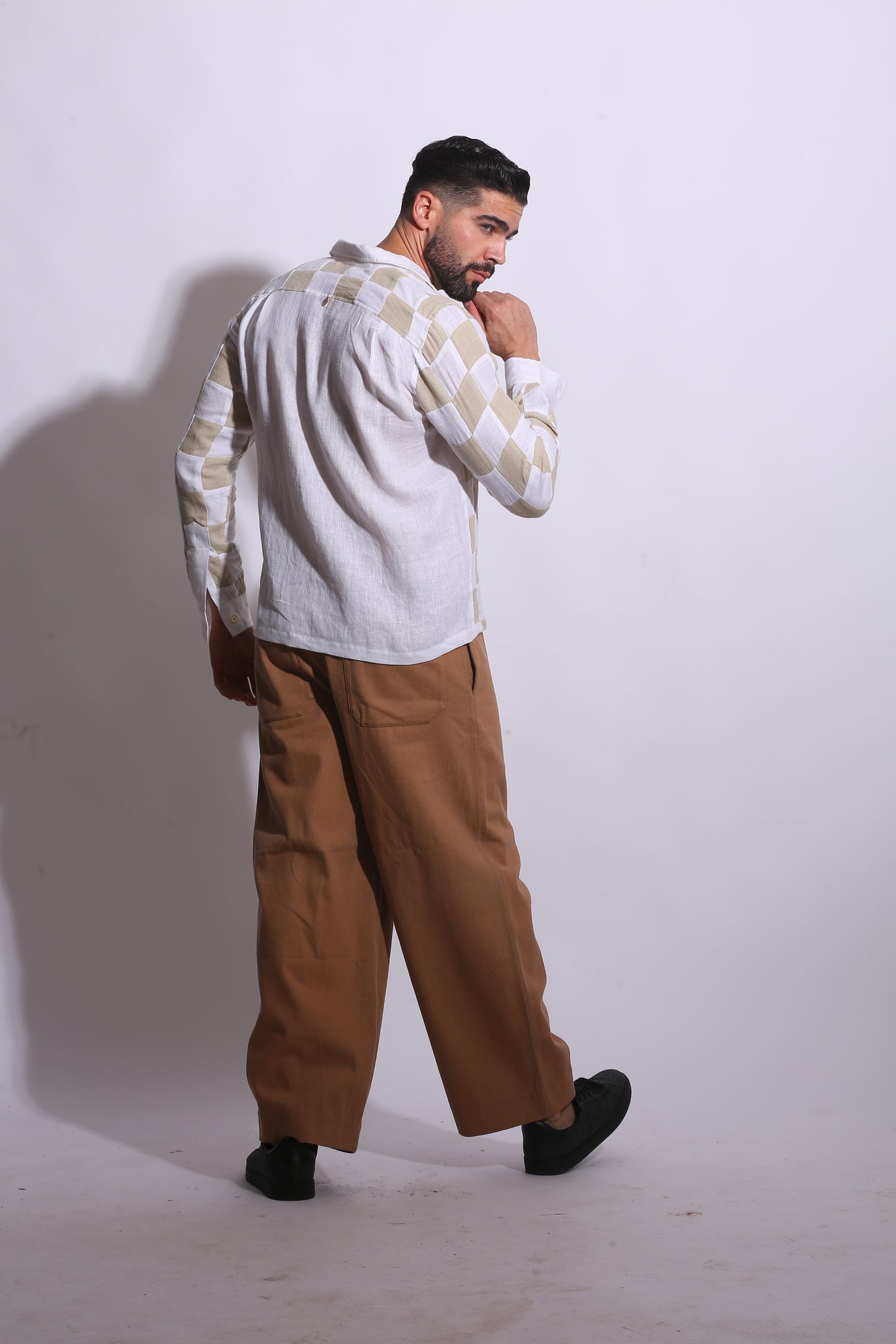 CHECKERBOARD PATCHWORK LINEN SHIRT