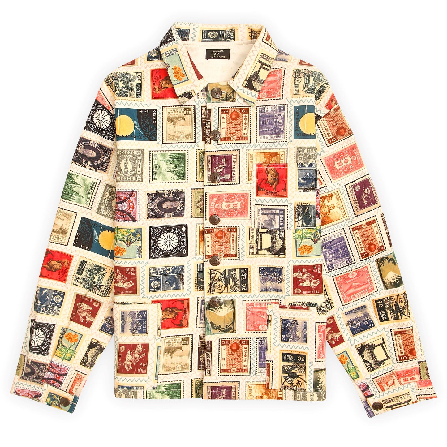 A multicolored unisex shirt jacket with a patchwork design featuring vintage Japanese stamps.