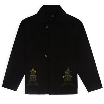 A black unisex hand-painted jacket featuring chinoiserie artwork on the sleeves.