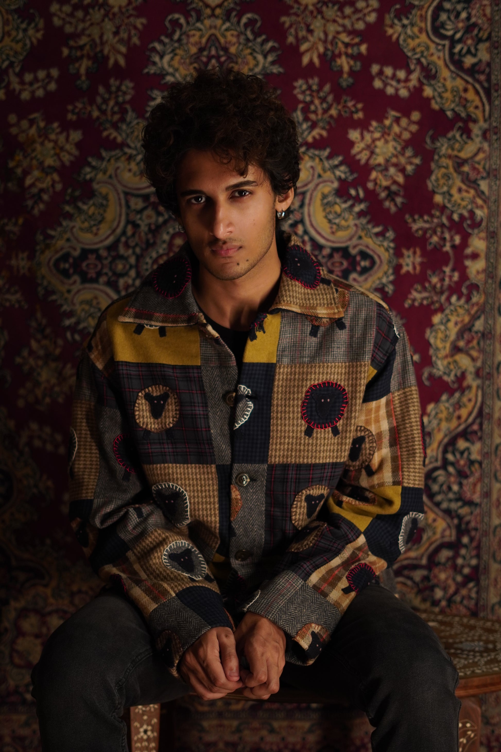 “Marco unisex patchwork also shirt jacket multi with applicate detailing 
“Wool blend appliqué and patchwork jacket for men and women” 