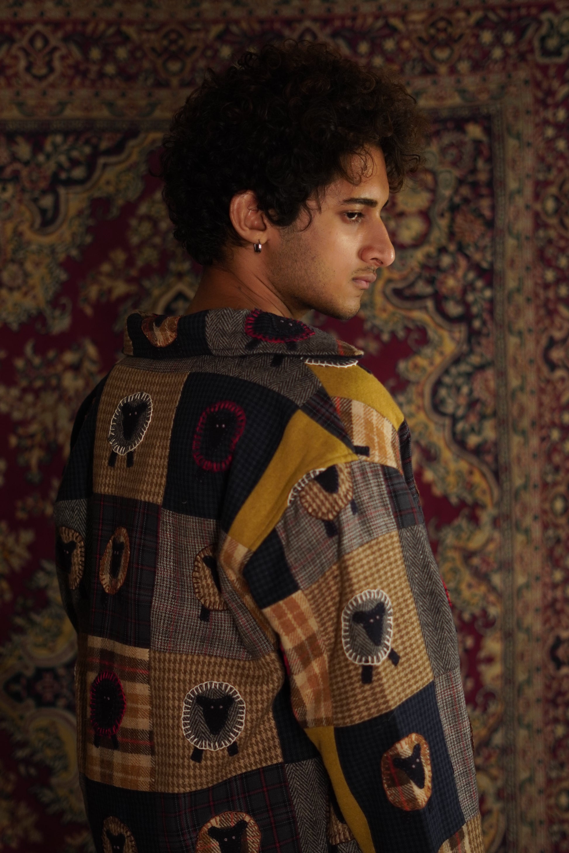 “Marco unisex patchwork also shirt jacket multi with applicate detailing 
“Wool blend appliqué and patchwork jacket for men and women” 