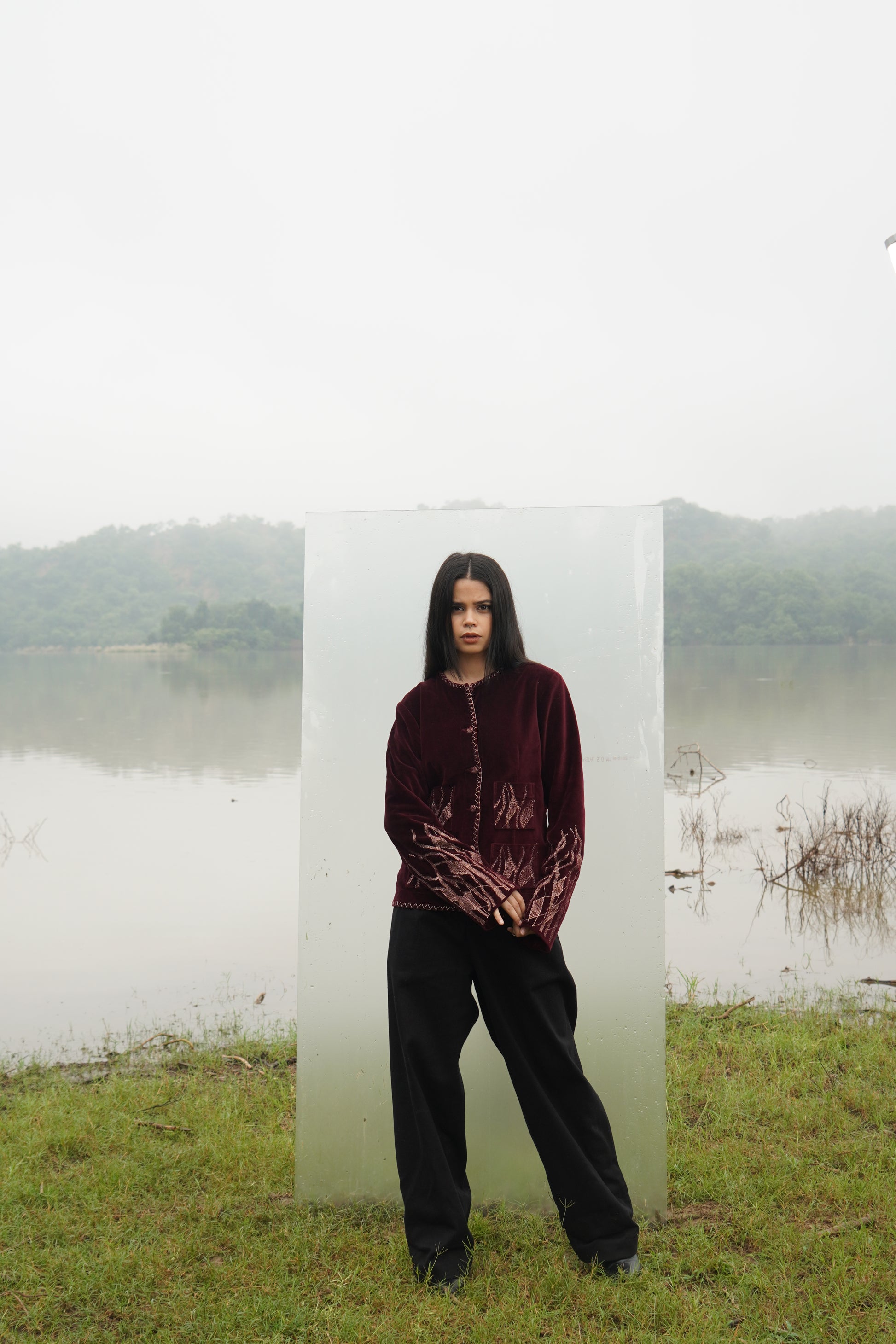 “Kiara women’s embroidered suede jacket with zari work in burgundy” 
"Women Burgundy Suede Jacket with Zari Work Detailed and Hand Stitched"