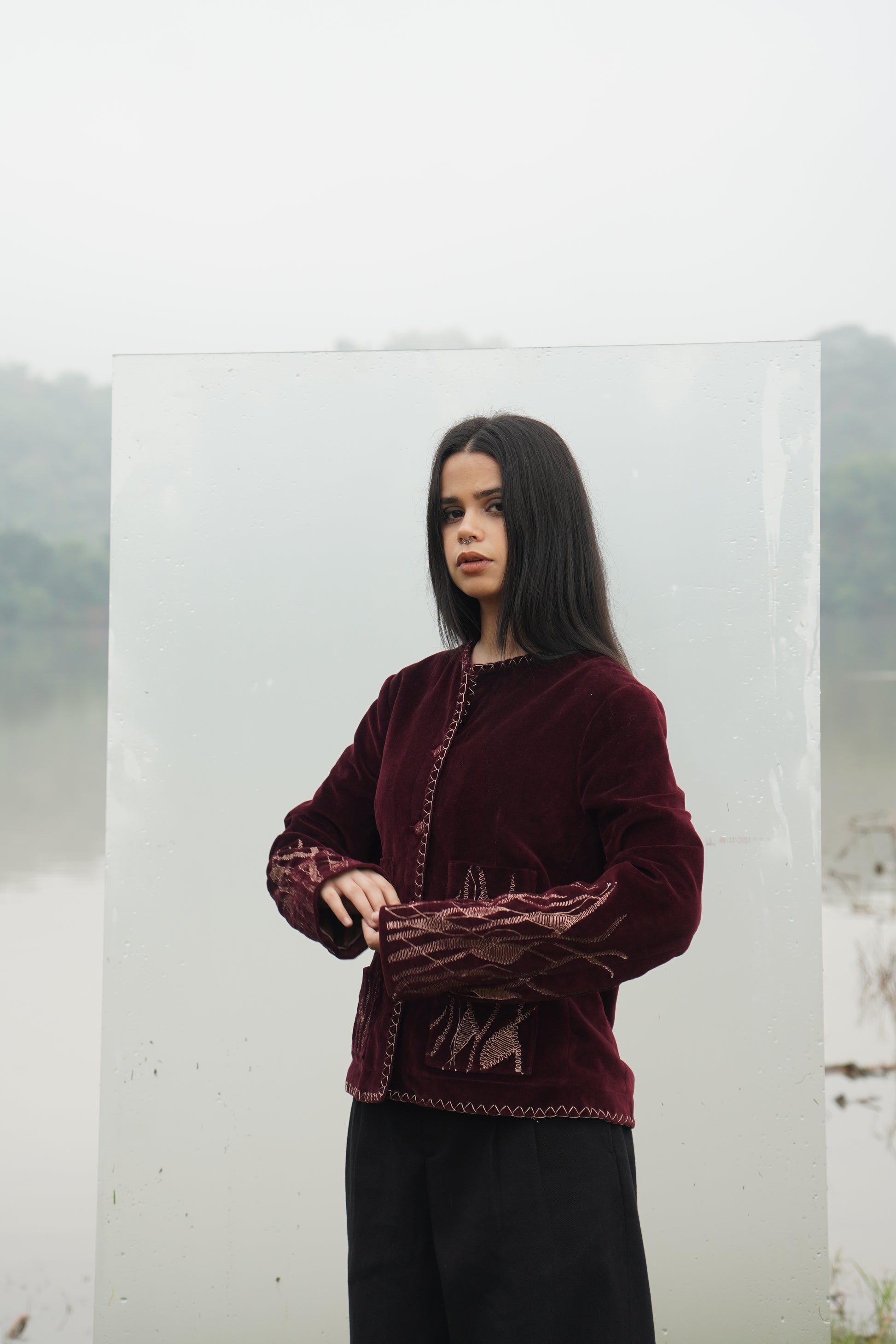 “Kiara women’s embroidered suede jacket with zari work in burgundy” 
"Women Burgundy Suede Jacket with Zari Work Detailed and Hand Stitched"