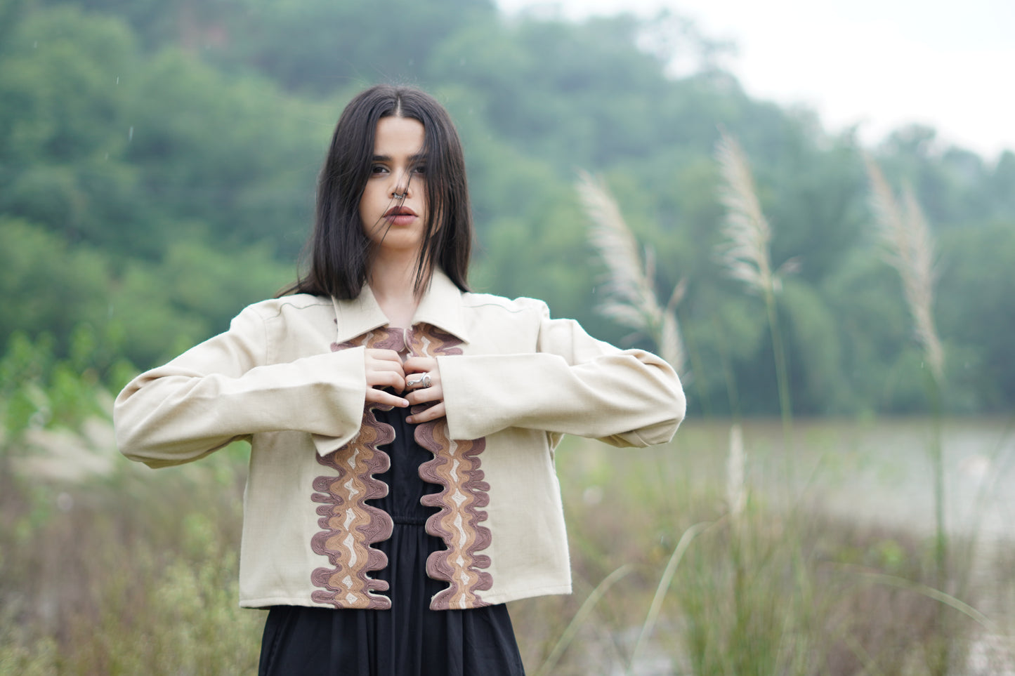 “Kara women’s coat in beige with cording embroidery and merino wool fabric” 