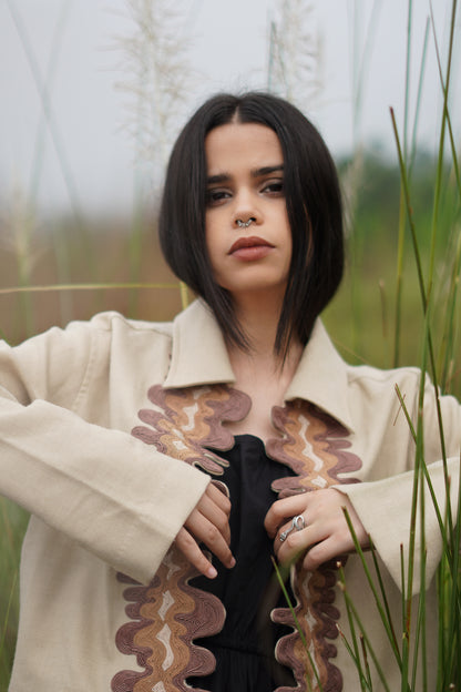 “Kara women’s coat in beige with cording embroidery and merino wool fabric” 