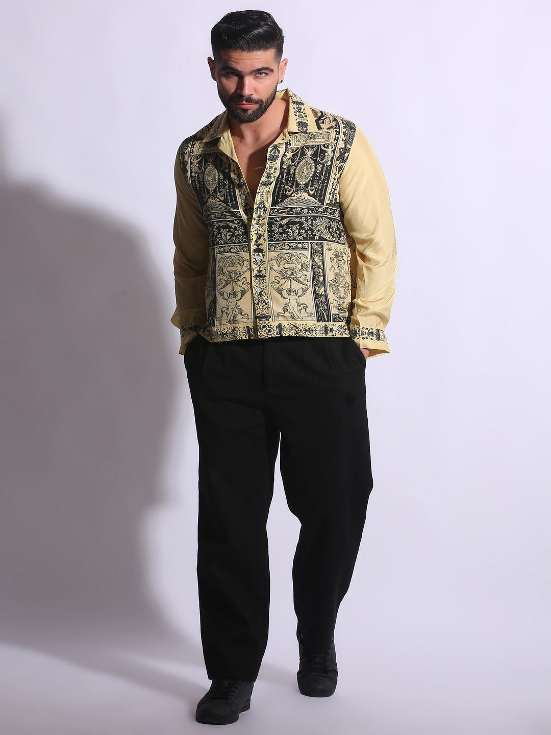  Main, yellow Retro Revival Silk Shirt with delicate front print 