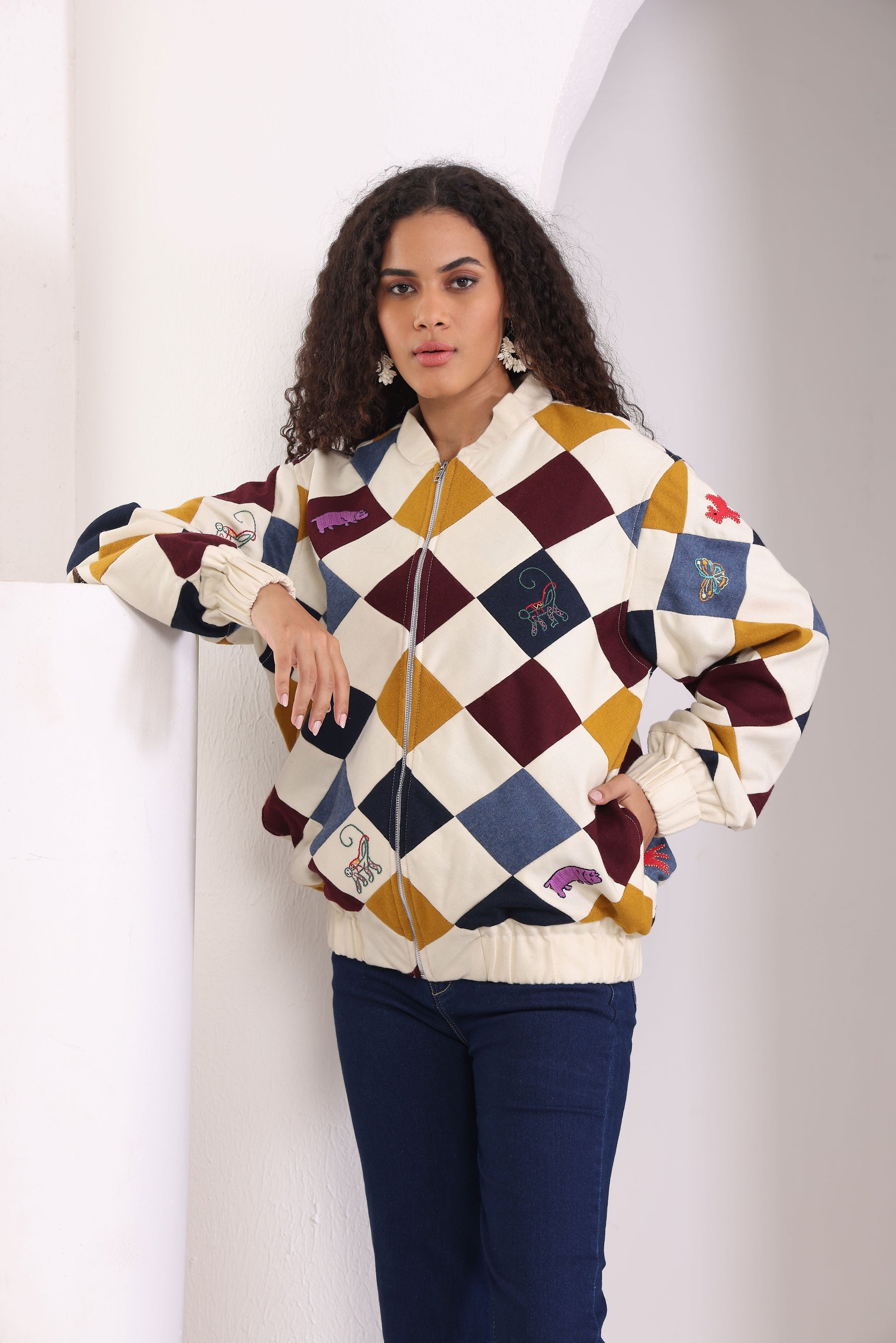 “Parker multicolour patchwork bomber jacket with oversized hand embroidery” 
